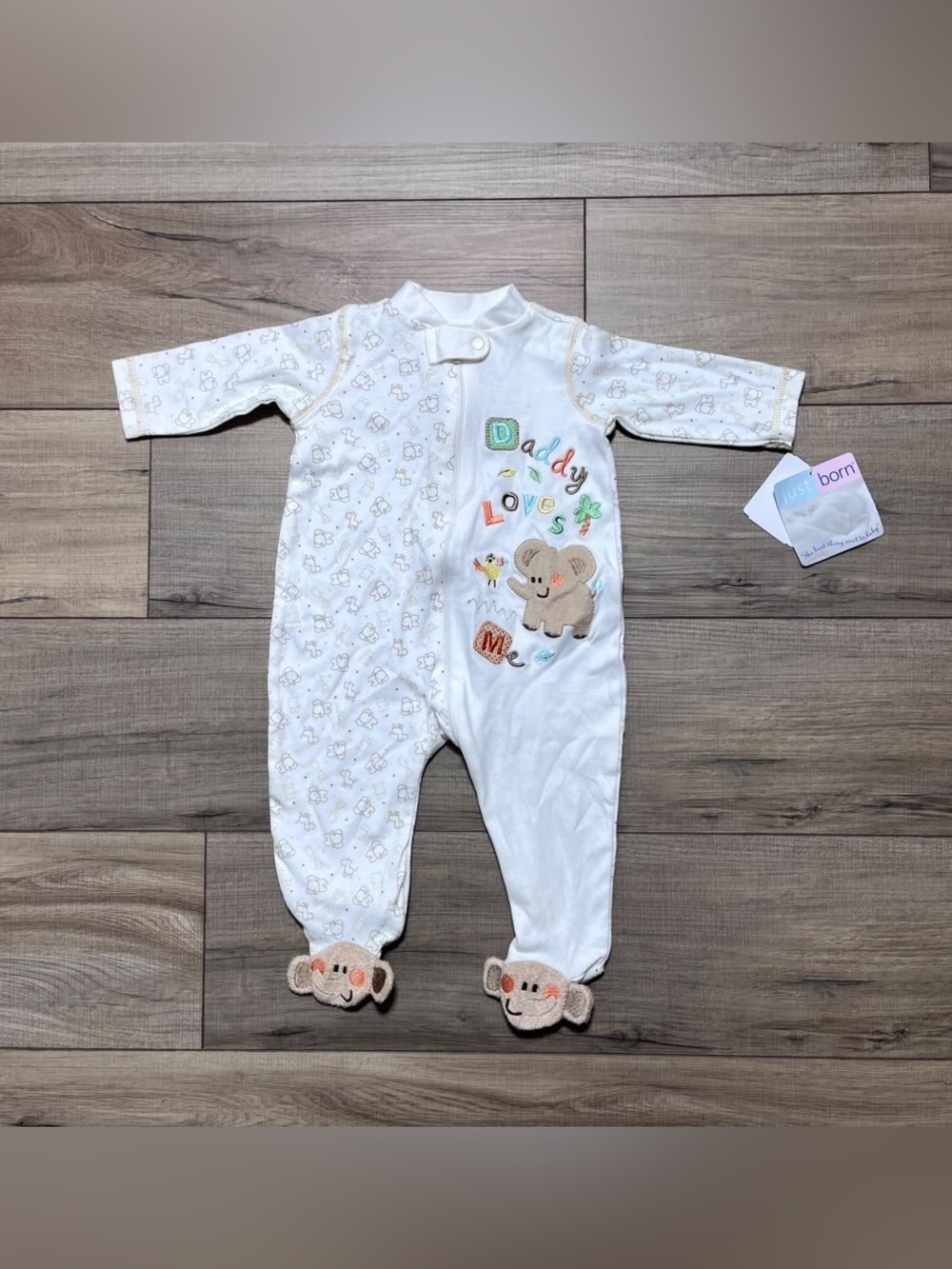 Just Born Baby Boy Elephant Daddy Love Me Footed Bodysuit 3-6M Cream Brown